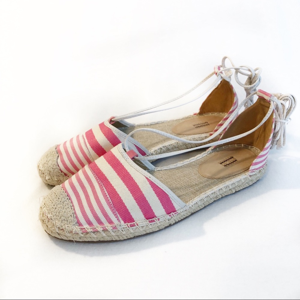 Jasper & Jeera Pink Khaki striped espadrilles NEW - Picture 2 of 8